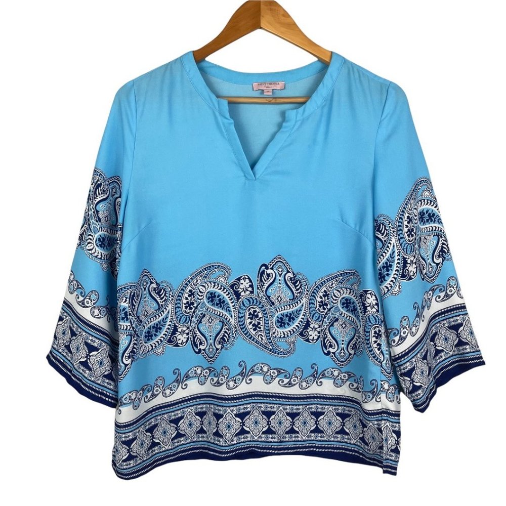Saint Tropez West | Blue Paisley Pattern Tunic Top Size Medium